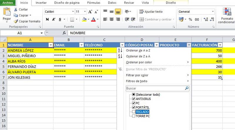 filtros de excel